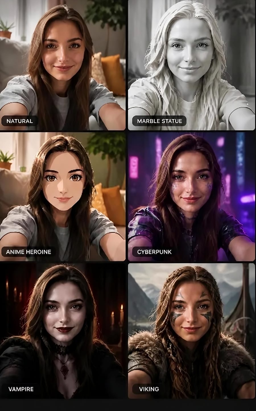 The same woman as herself, a marble statue, an anime heroine, a cyberpunk, a vampire and a viking